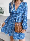 Bohemia Floral Printed Bandage V-Neck Long Sleeves A-Line Mini Dress