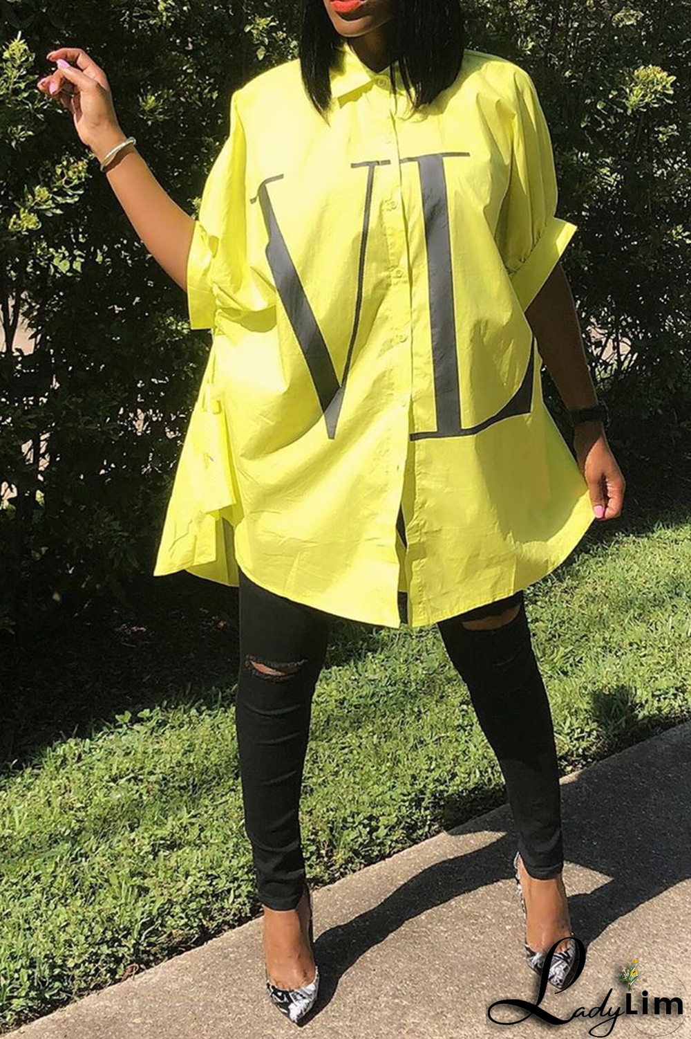 Green Fashion Print Patchwork Turndown Collar Tops