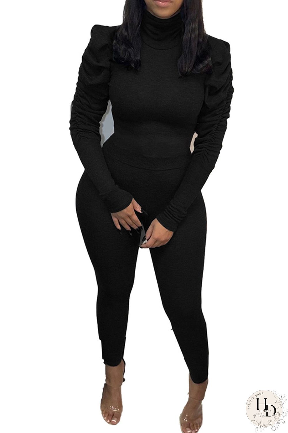 Black Polyester Casual Two Piece Suits Solid pencil Long Sleeve Two-piece Pants Set