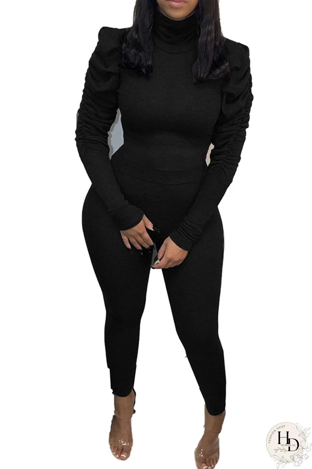 Black Polyester Casual Two Piece Suits Solid pencil Long Sleeve Two-piece Pants Set