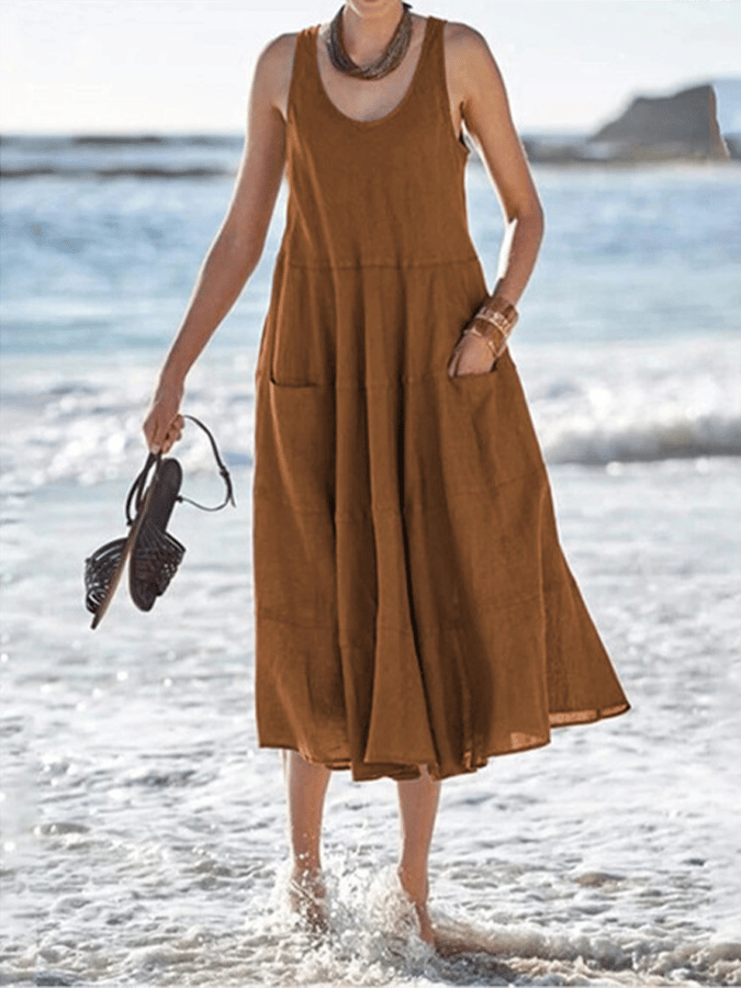 Women's Solid Color Elegant Cotton Linen Dress-mysite