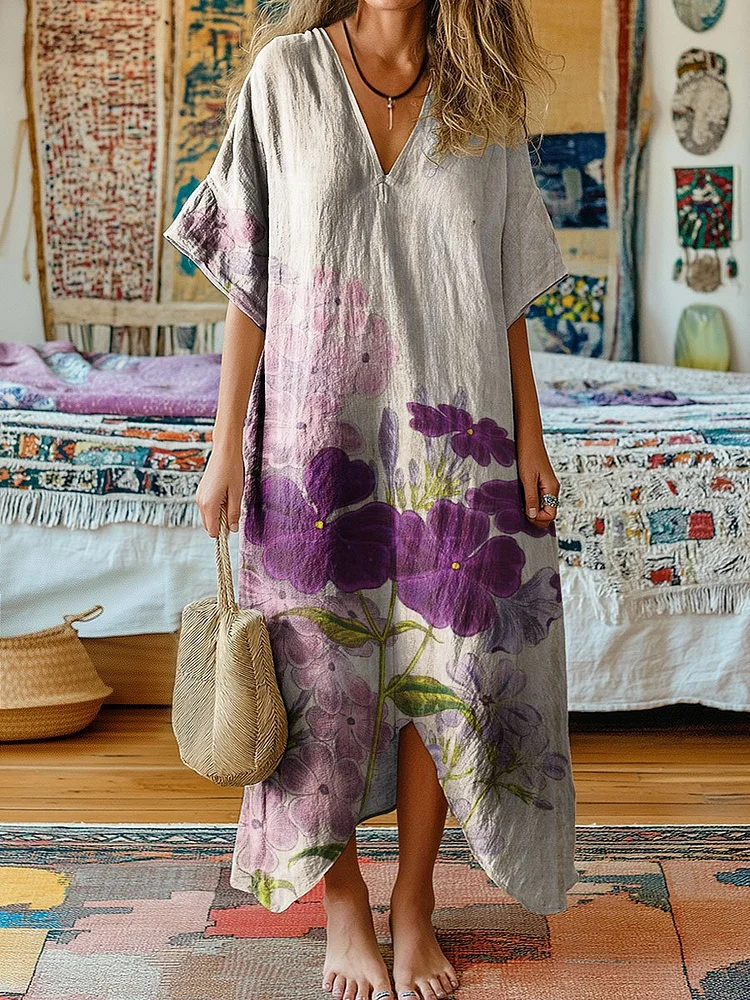 Women's Vintage Flower Art Print V-Neck Cotton Short Sleeve Dress