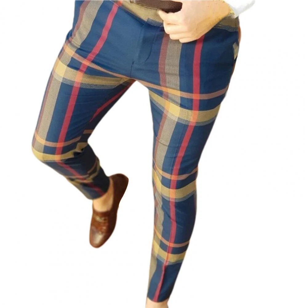 Aonga Men's Casual Plaid Print Pants Skinny Pencil Pants Zipper Elastic Waist Social Pants Male Business Suit Trousers Штаны Мужские