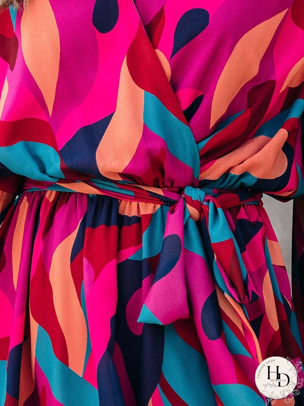 Lapel Print Lace-Up Long Sleeve Dress