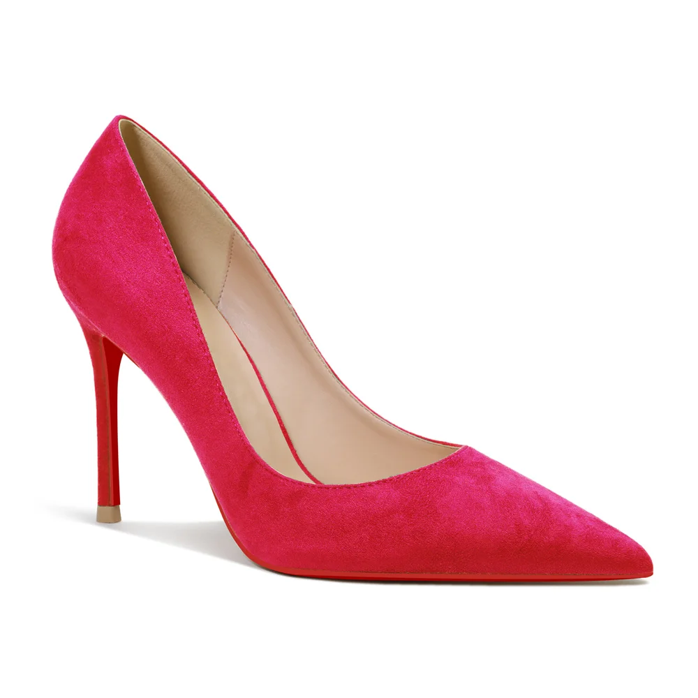 100mm Women's Stiletto Heels Classic Pointed Toe Red Bottom Pumps Suede Shoes-MERUMOTE