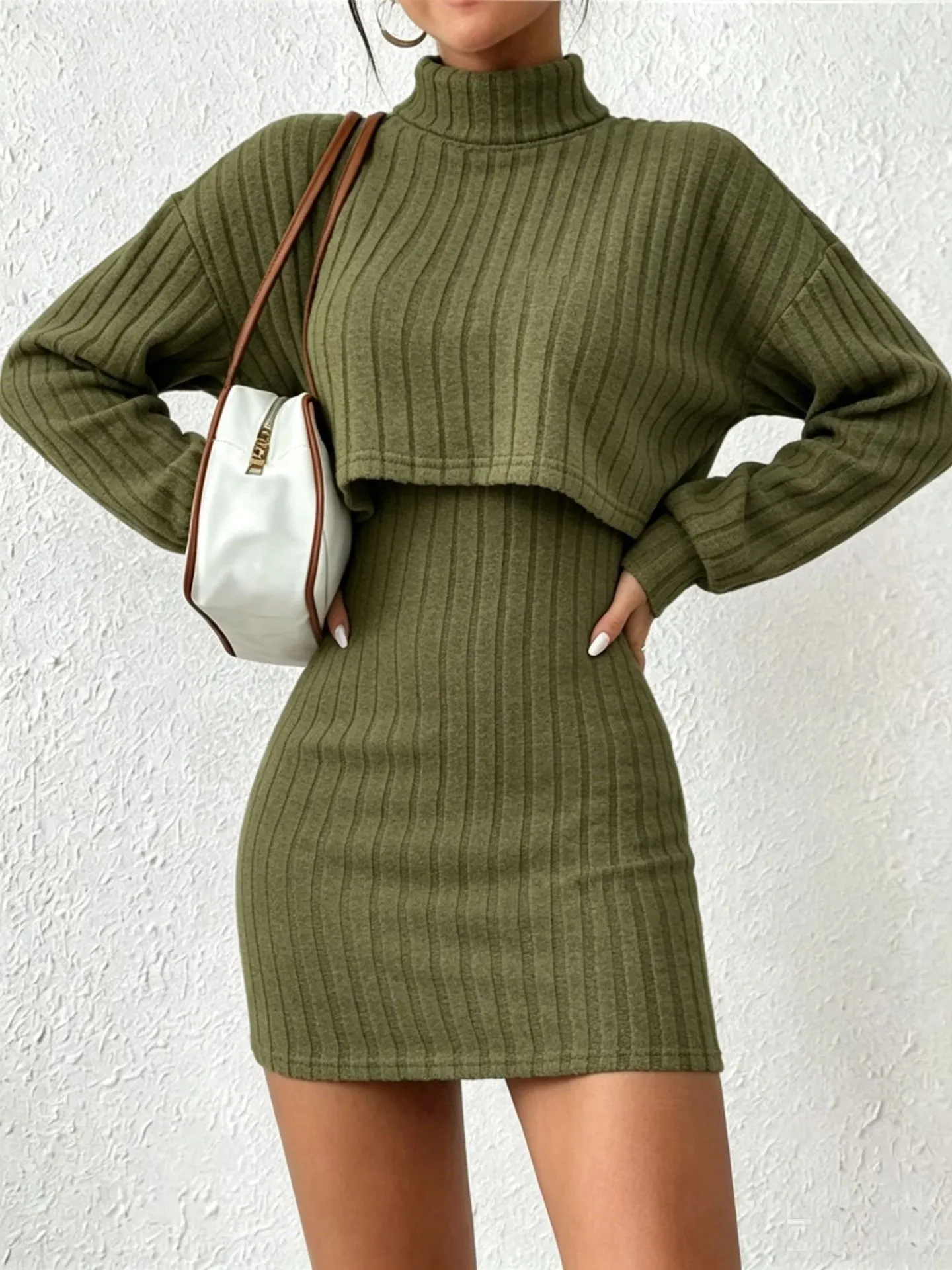 Women's Ribbed Knit Cropped Turtleneck Top + Bodycon Mini Dress Two-piece Outfit