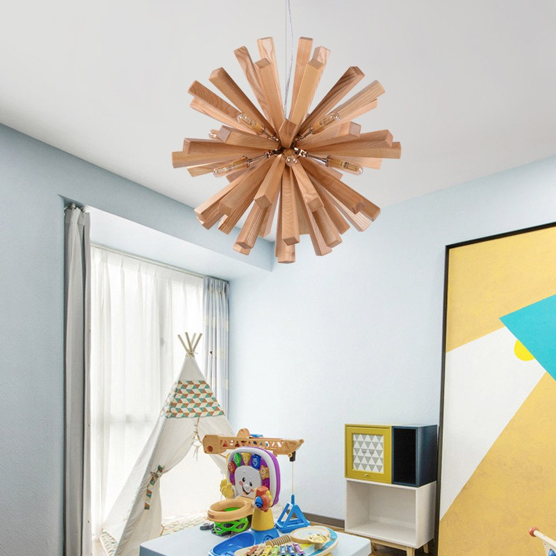 Nordic Wood Chandelier Dandelion-Shaped Pendants Lights For Bedroom