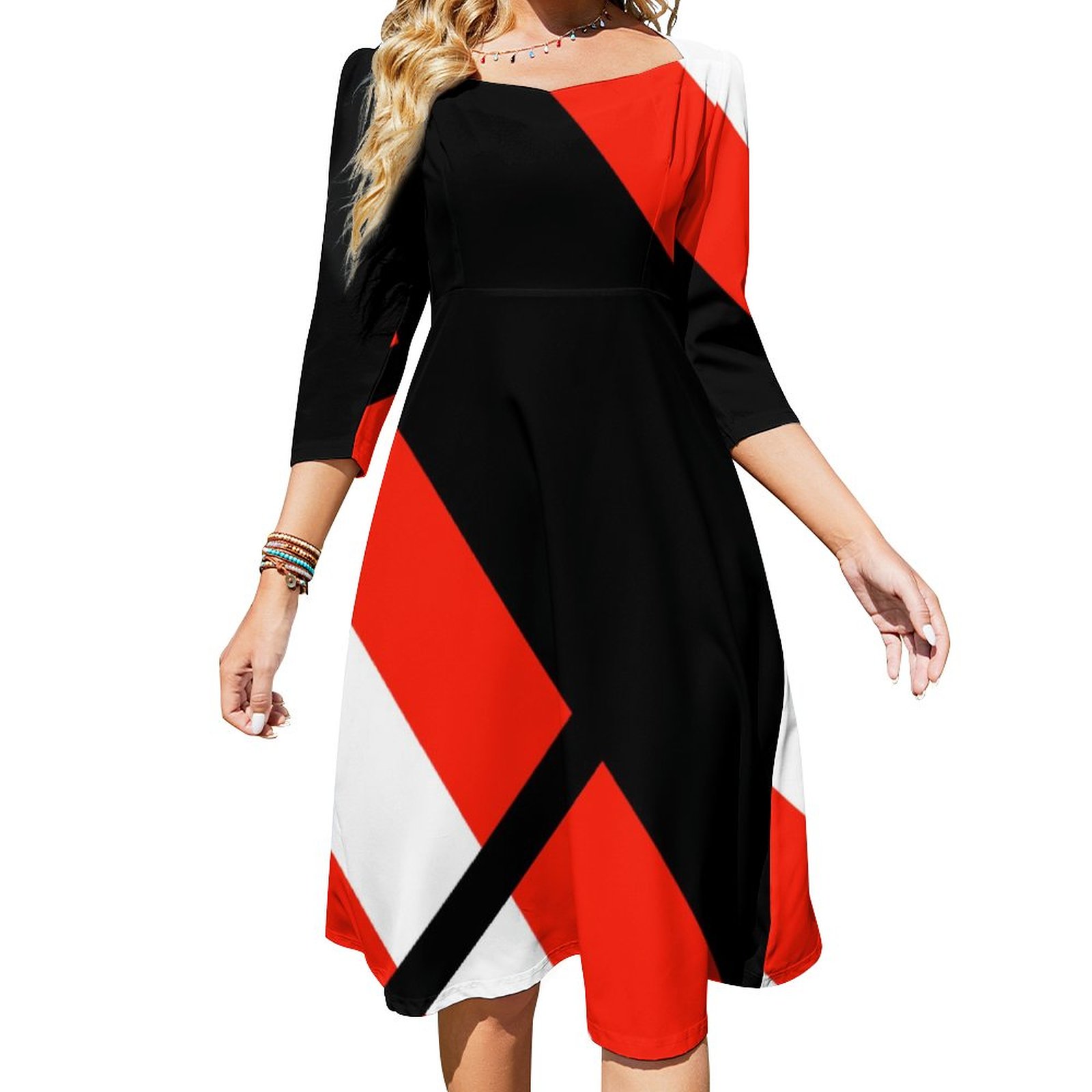 Red White Black Color Block 4Anissa Dress Sweetheart Tie Back Flared 3/4 Sleeve Midi Dresses