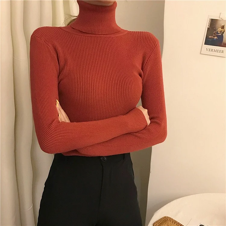 2022 Ladies Solid Color Slim Turtleneck Warm Sweater