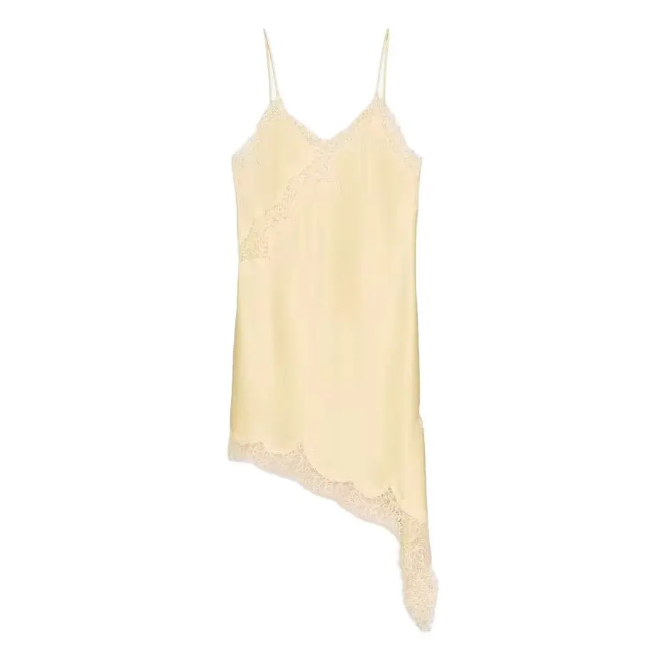 Solid Lace Trim Spaghetti Strap Irregular Hem Mini Slip Dress