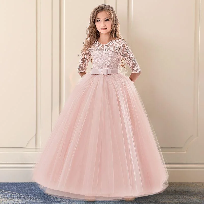 Fancy Flower Long Prom Gowns Teenagers Kids Dresses For Girls Children Party Dress Princess Bridesmaid Wedding Formal Costume