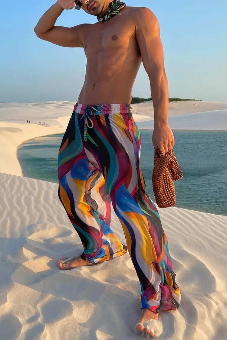 Ciciful Rainbow Gradient Printed Sheer Elastic Waist Straight Pants