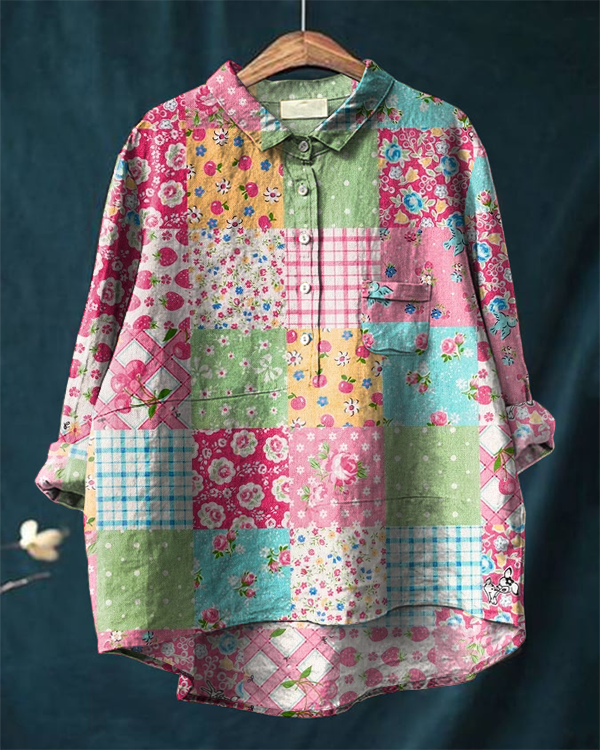 Vintage Contrast Floral Bohemian Long Sleeve Cotton and Linen Shirt