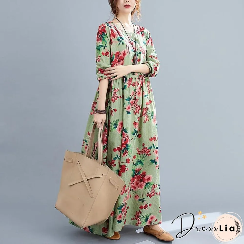 Loose Cotton Linen Printed Long Sleeve Swing Maxi Dress