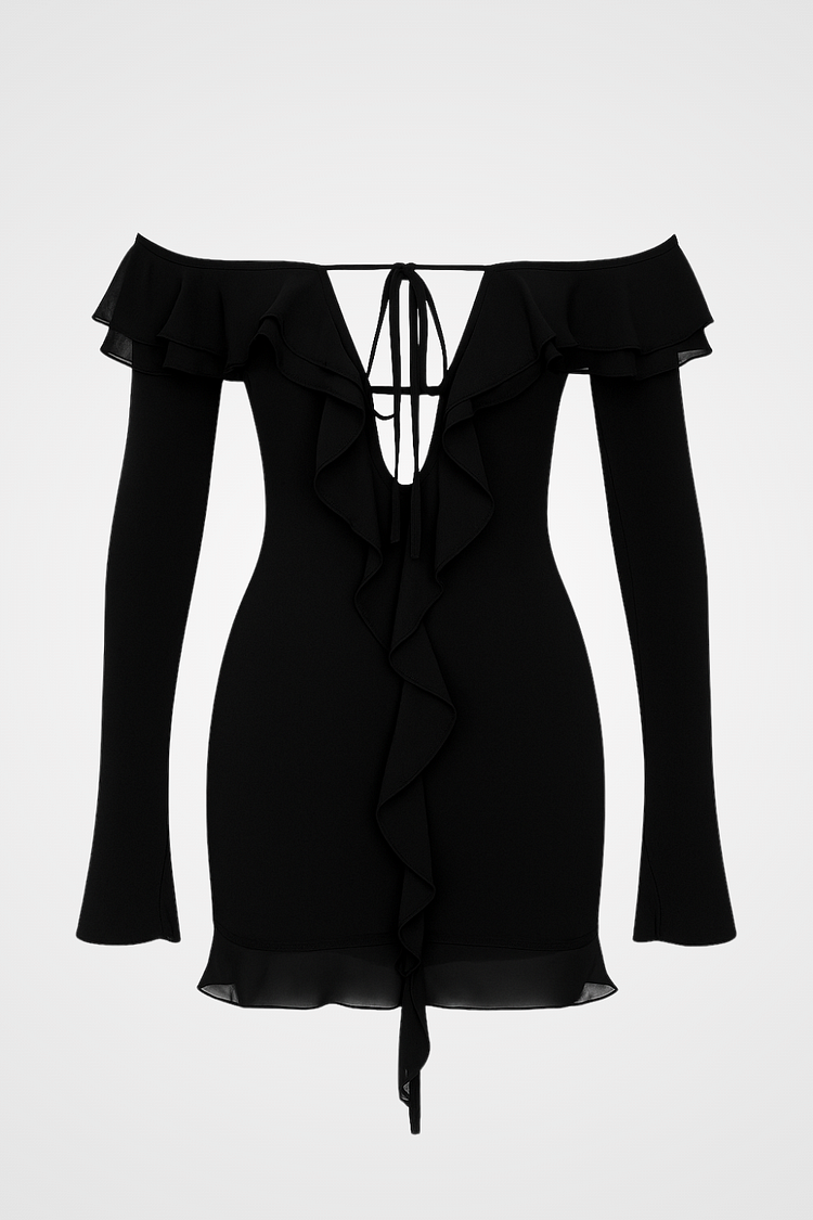 Off Shoulder Long Sleeve Tied Up Ruffle Party Mini Dress-Black