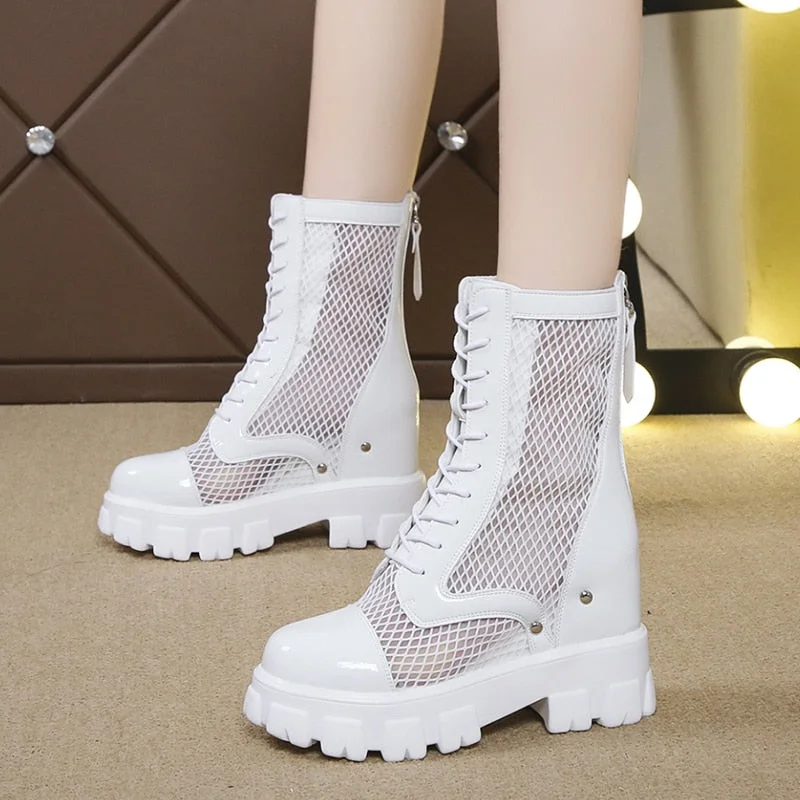 Chunky Platform Ankle Boots For Women Breathable Mesh Summer Shoes Woman Thick Sole Height Increasing Short Botas Mujer