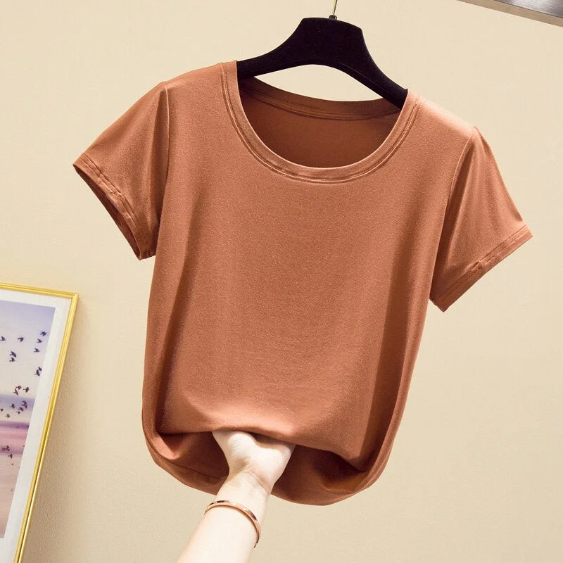 2020 Popular Light Thin High Elastic Fashion Casual Round Collar Short Sleeve T-Shirt Brand High Quality Pure Cotton Women'S Top