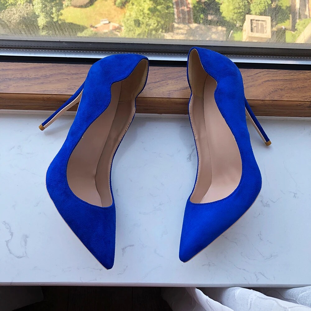 Solid Royal Blue Women Curl Cut Flock Pointy Toe High Heel Shoes 8cm 10cm 12cm Faux Suede Stiletto Pumps