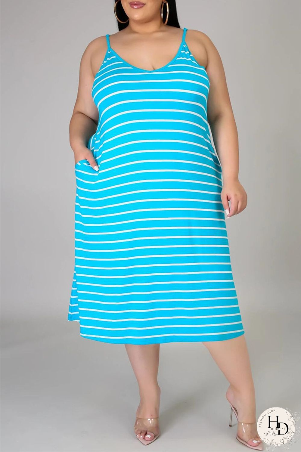 Deep Blue Sexy Casual Plus Size Striped Print Backless Spaghetti Strap Sleeveless Dress