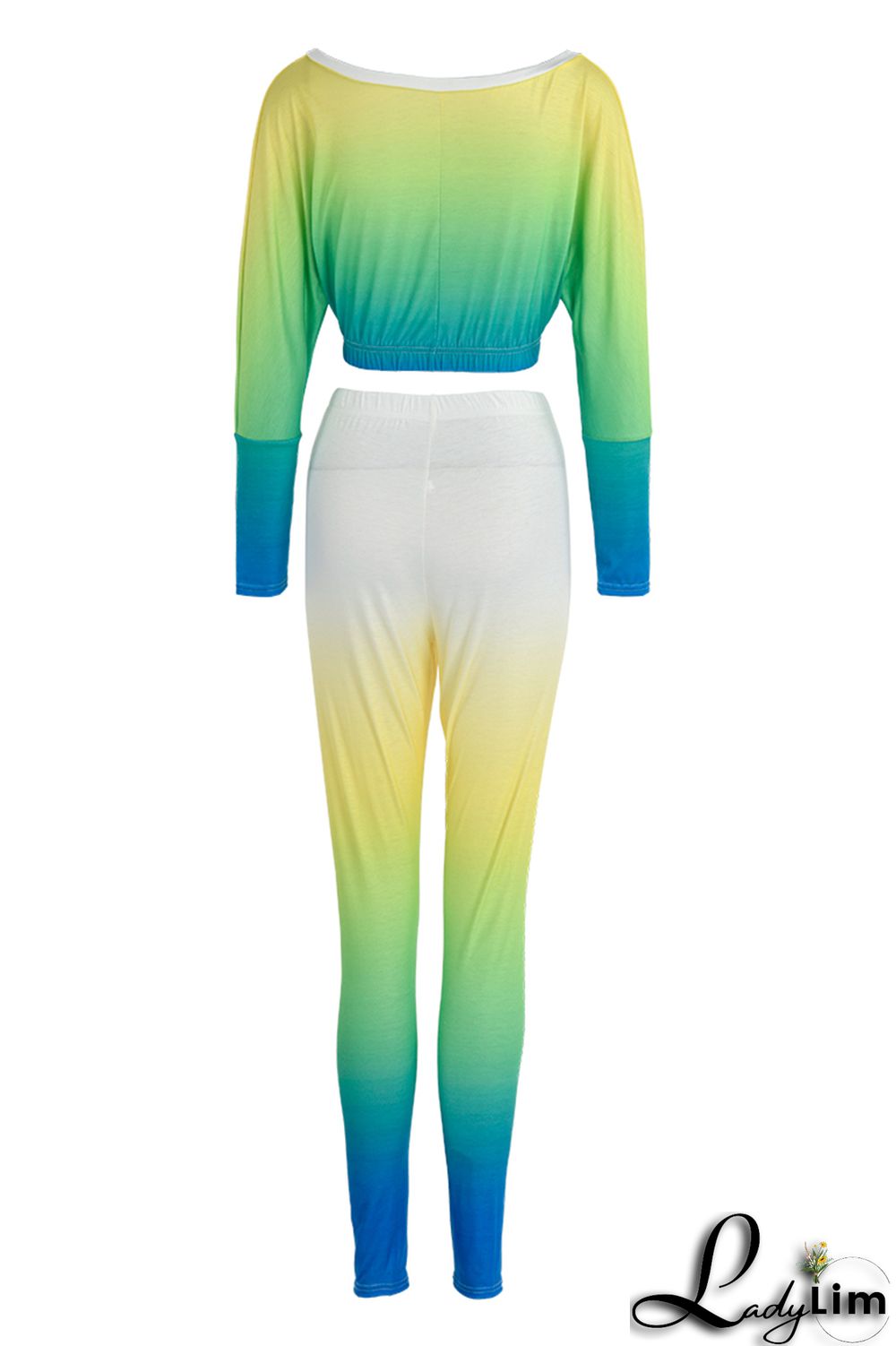 Purplish Blue Fashion Casual Gradual Change Print Basic Oblique Collar Long Sleeve Two Pieces