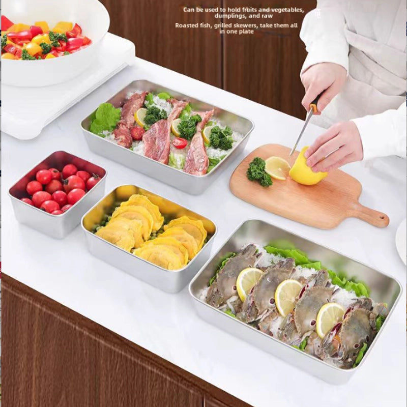 304 Stainless Steel Square Plate With Lid Preservation Box Rectangular Storage Fruit Lunch Box Towel Tray Household Tray