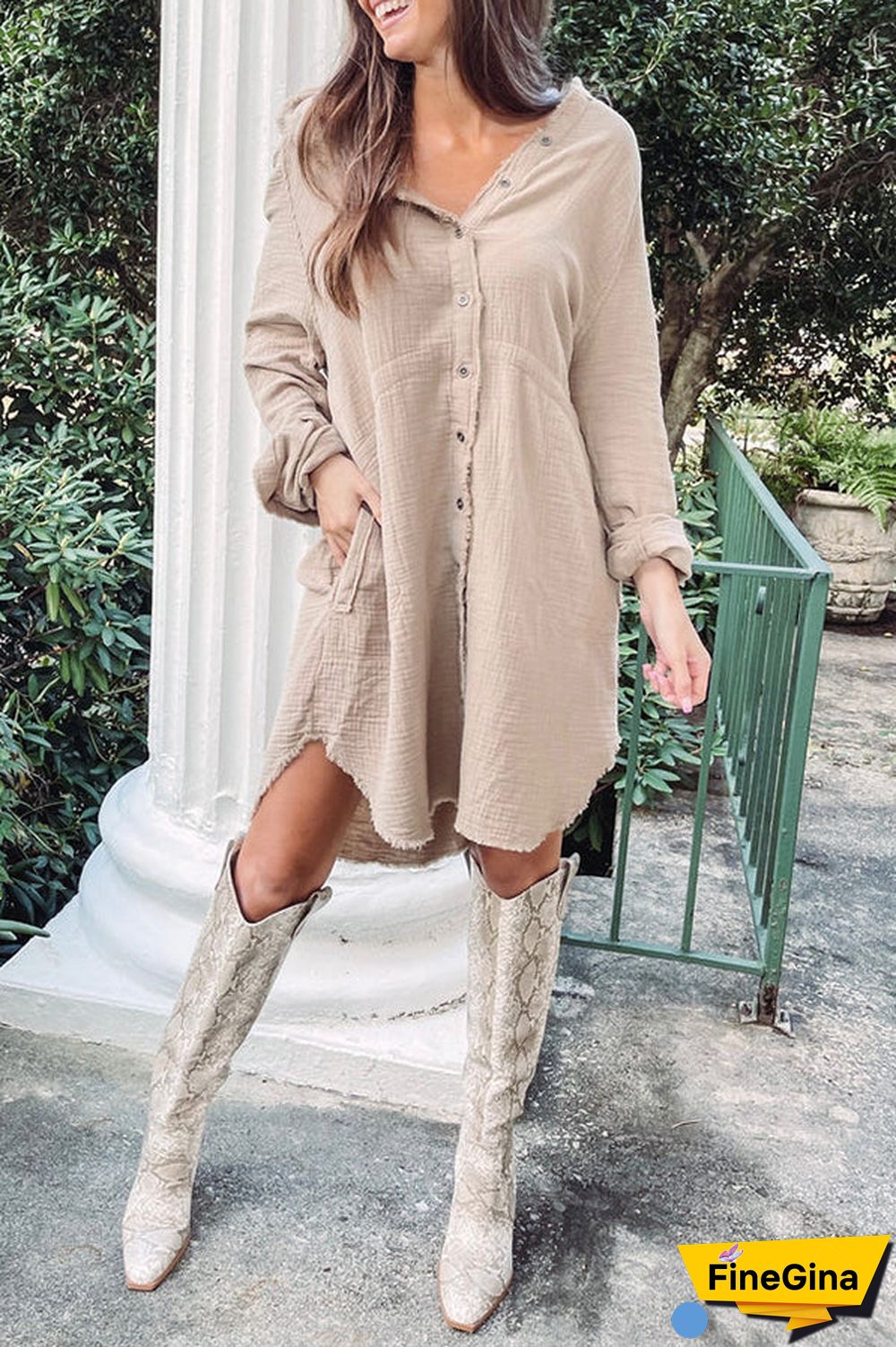 Button Pockets Shirt Mini Dress