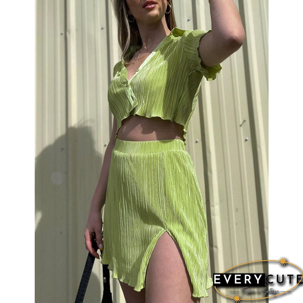 Green Button Crop Top and Split Skirt Set