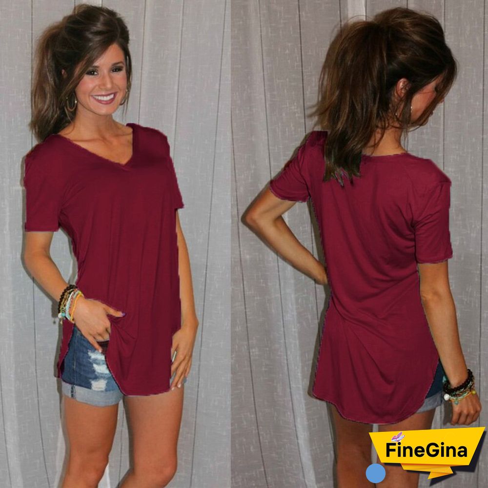 Women's T-shirt Summer Basic Long T Shirt Top Women Solid V Neck Short Sleeve Long Casual Women Loose Tee Shirt Femme