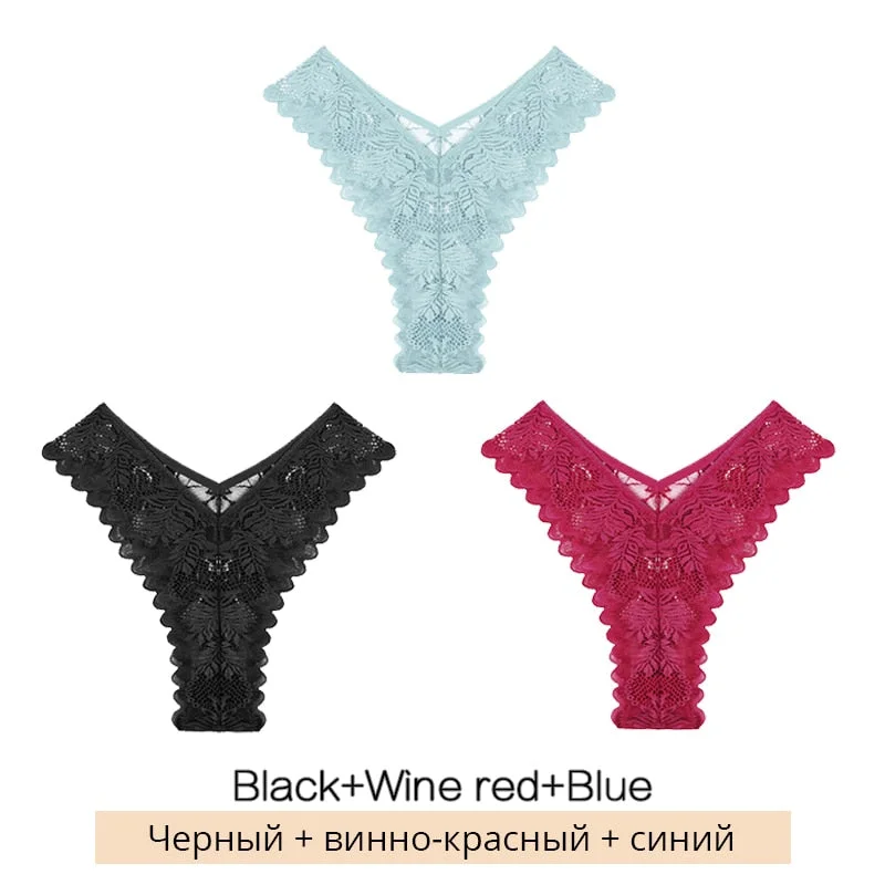 FINETOO Sexy Low-Rise Lace Panties 3Pcs/set Women Floral Brazilian Underwear S-XL Girls T-back Underpants Ladies Lingerie 2021