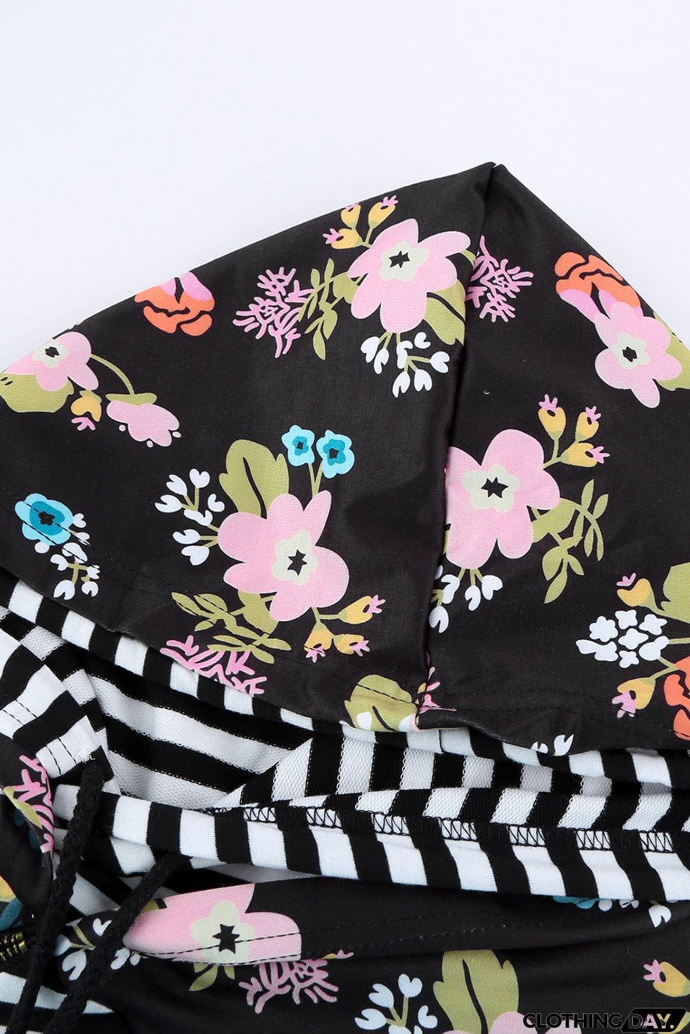 Striped Floral Print Long Sleeve Zipper Hoodie