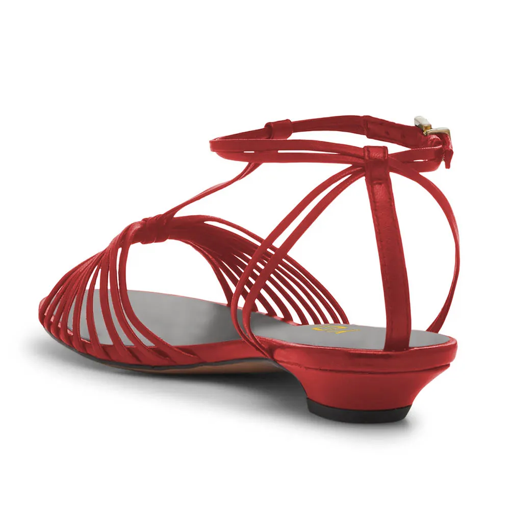 YDN Red Vegan Leather Open Round Toe Simple Low Heel Sandals