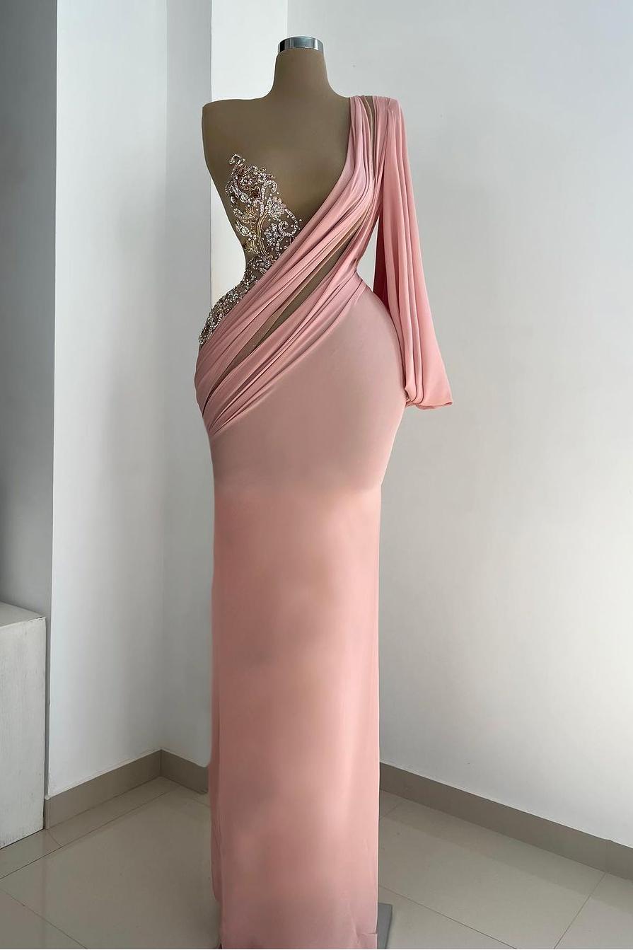 Lvs&Broner One Shoulder Long Sleeve Mermaid Long Prom Dress With Appliques