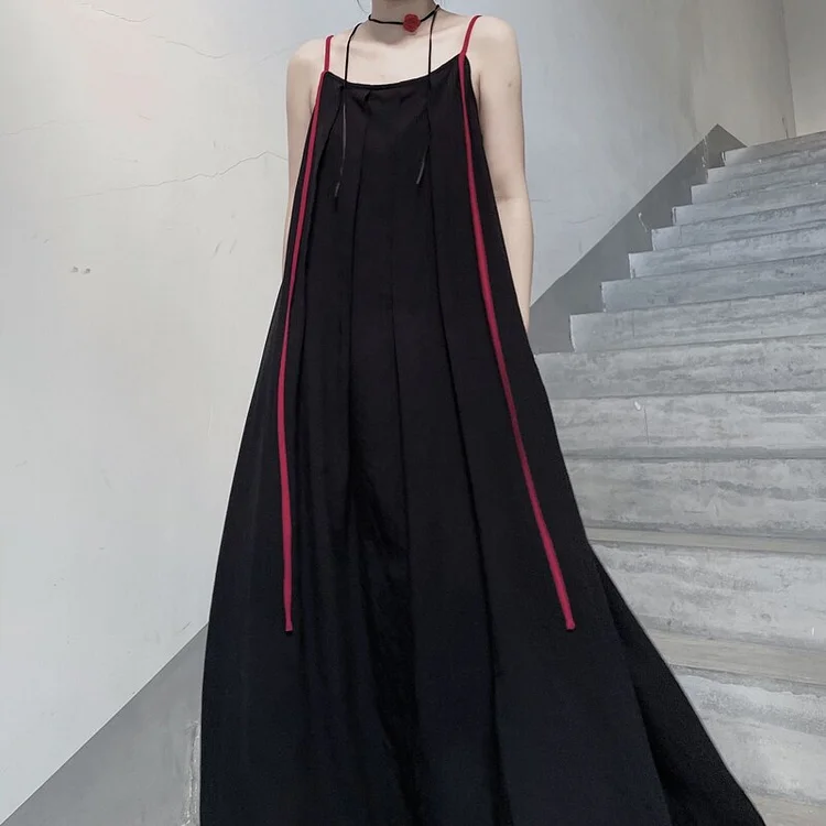 Casual Loose Solid Color O-neck Red Suspender Maxi Dress      