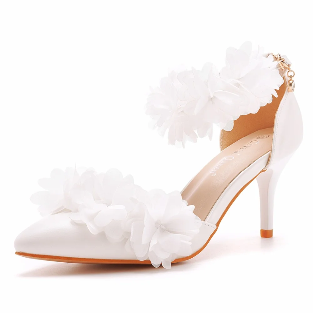 Breakj Breakj Cm White Flowers High Heel Sharp Sandals One Word Wristband Bride Hollow Fine Tip Head Wedding Dress Sandals