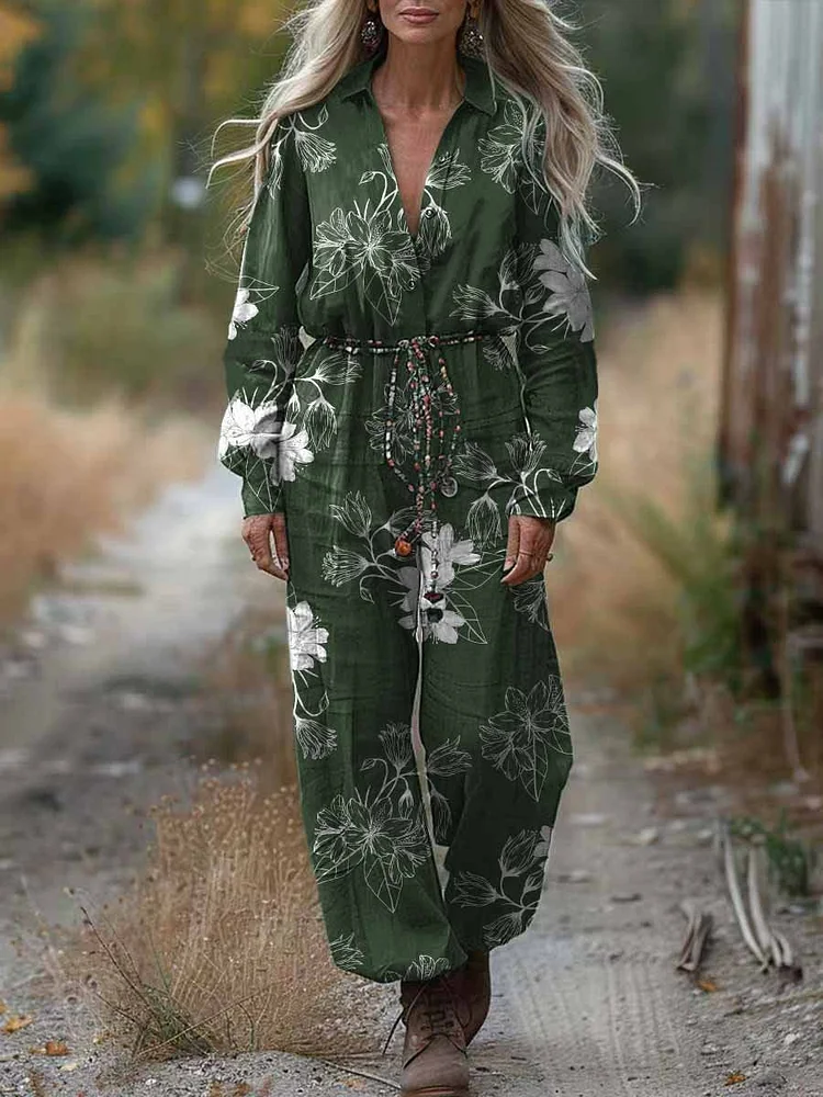 Women's Shirt Collar Positioning Print Casual Cotton Wide Leg Jumpsuit