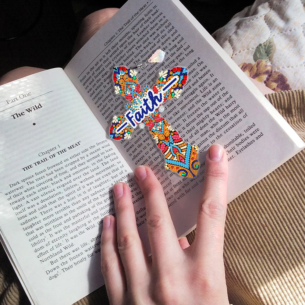 6pcs DIY Cross Diamond Painting Bookmarks with Crystal Pendant(Single Sided)