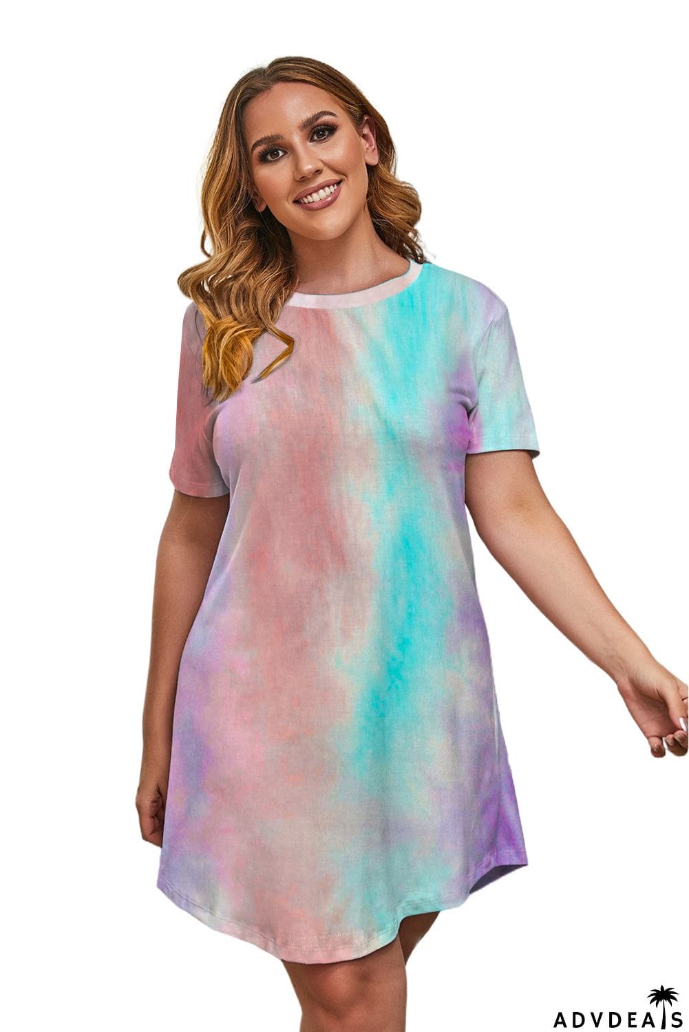 Multicolor Tie-dye Short Sleeve Plus Size Mini Dress