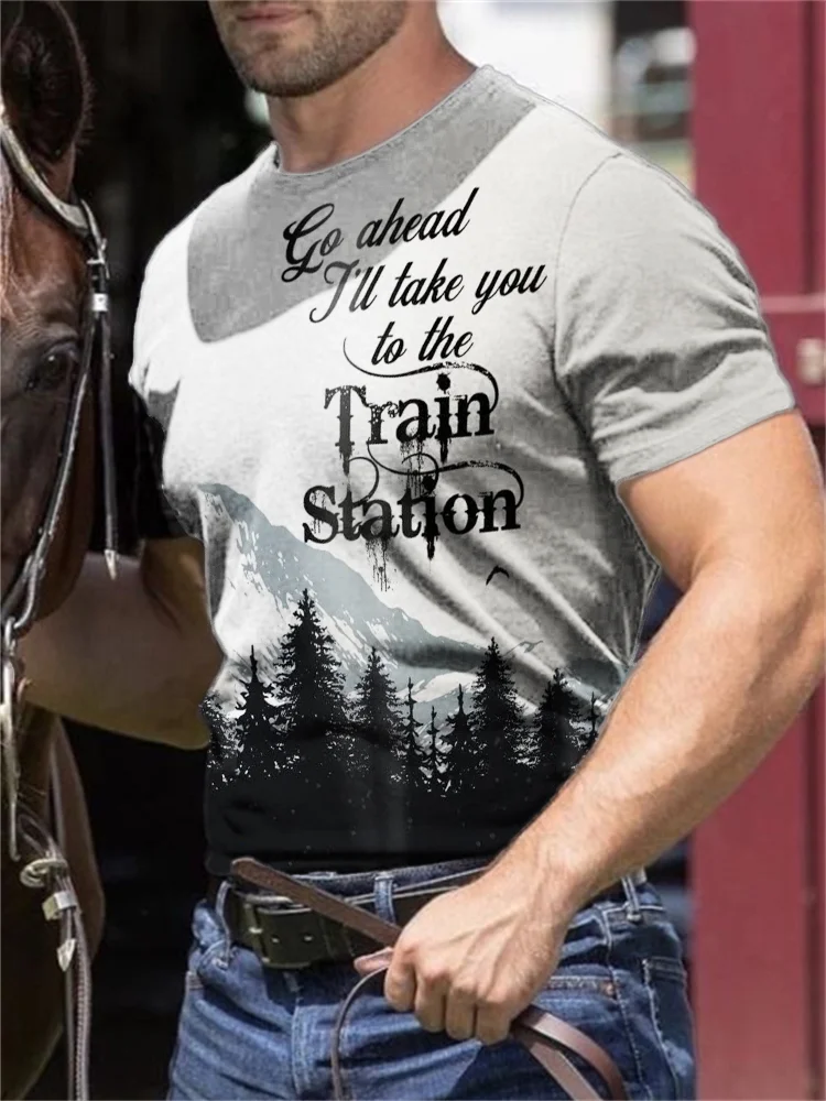 Vintage Western Train Station Scenery Print T Shirt