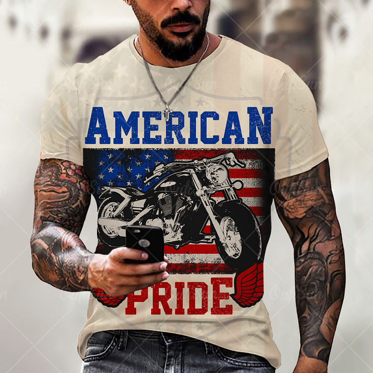 Motorcycle with American Flag Summer Short Sleeve Men's T-Shirts at Hiphopee