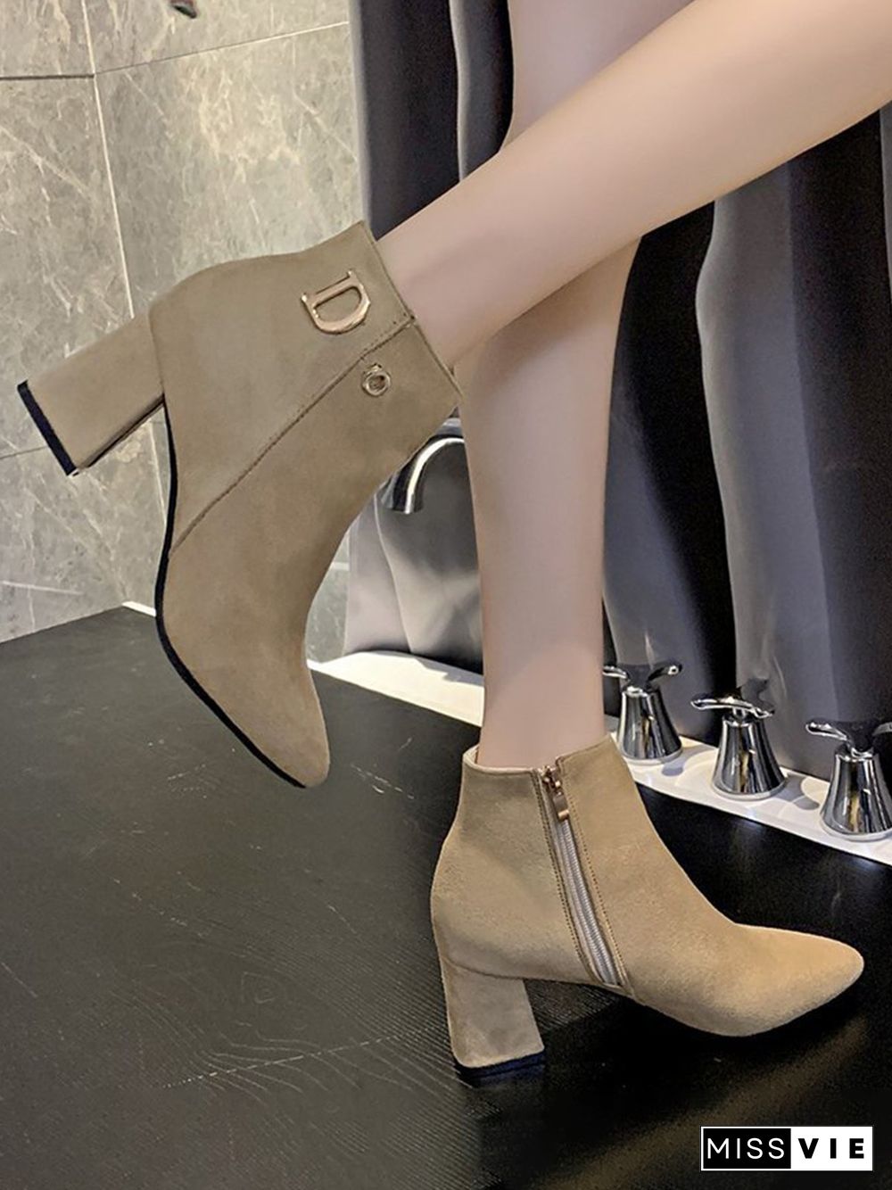 Side Zip Faux Suede Pointed Toe Chunky Heel Booties