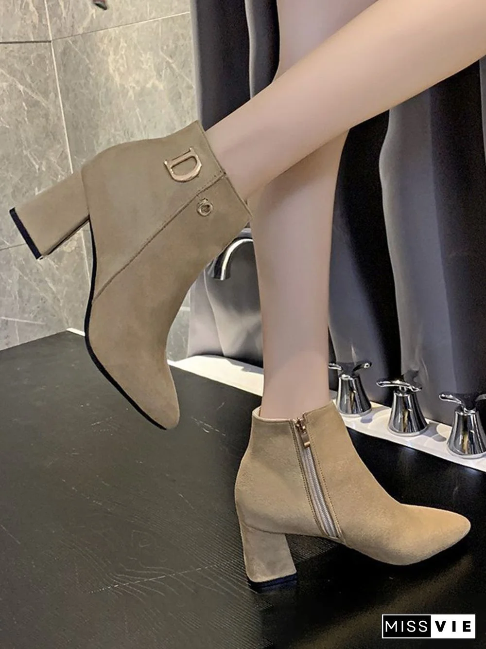 Side Zip Faux Suede Pointed Toe Chunky Heel Booties