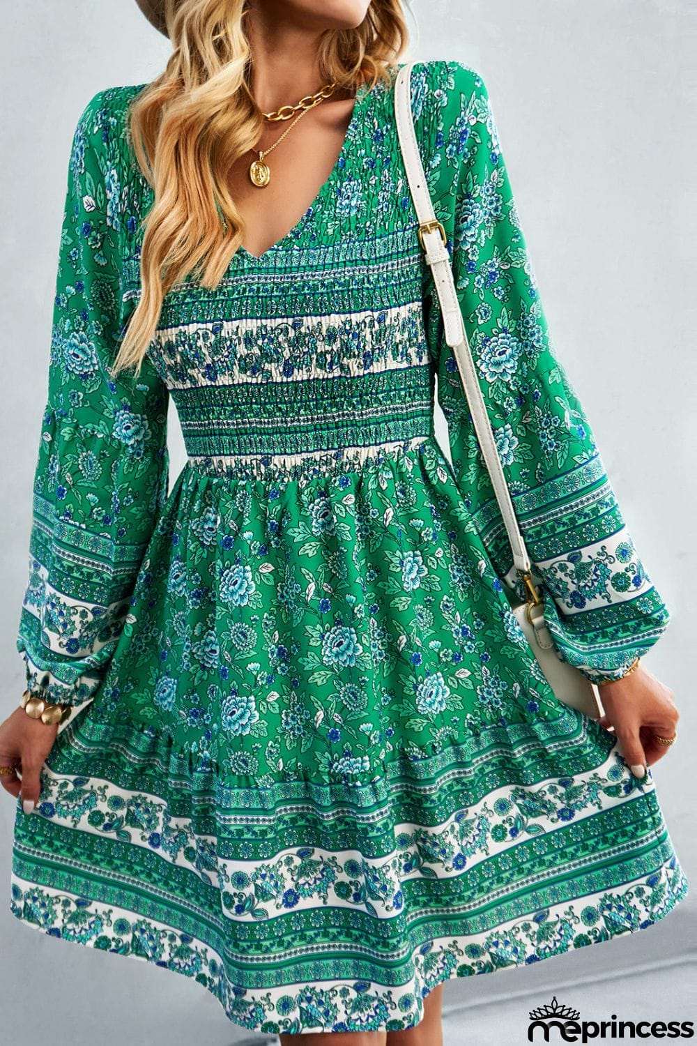 Bohemian V-Neck Balloon Sleeve Dress
