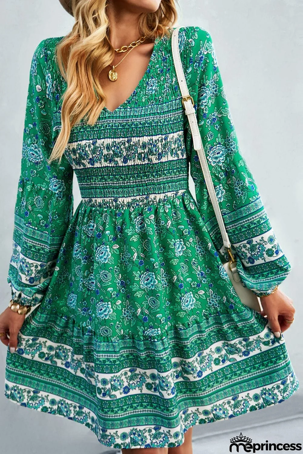 Bohemian V-Neck Balloon Sleeve Dress