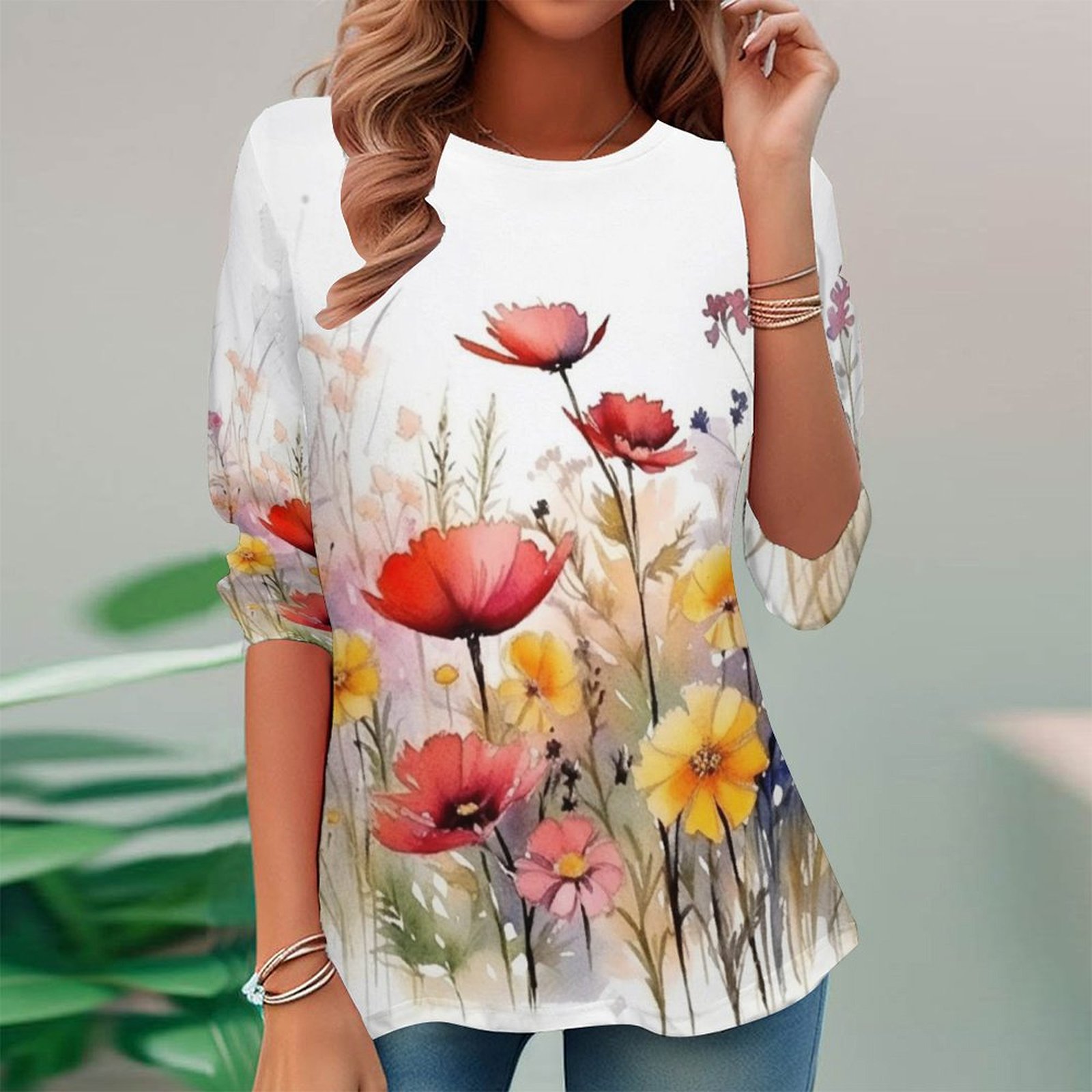 Women Long Sleeve V-neck Graphic Floral Printed Top