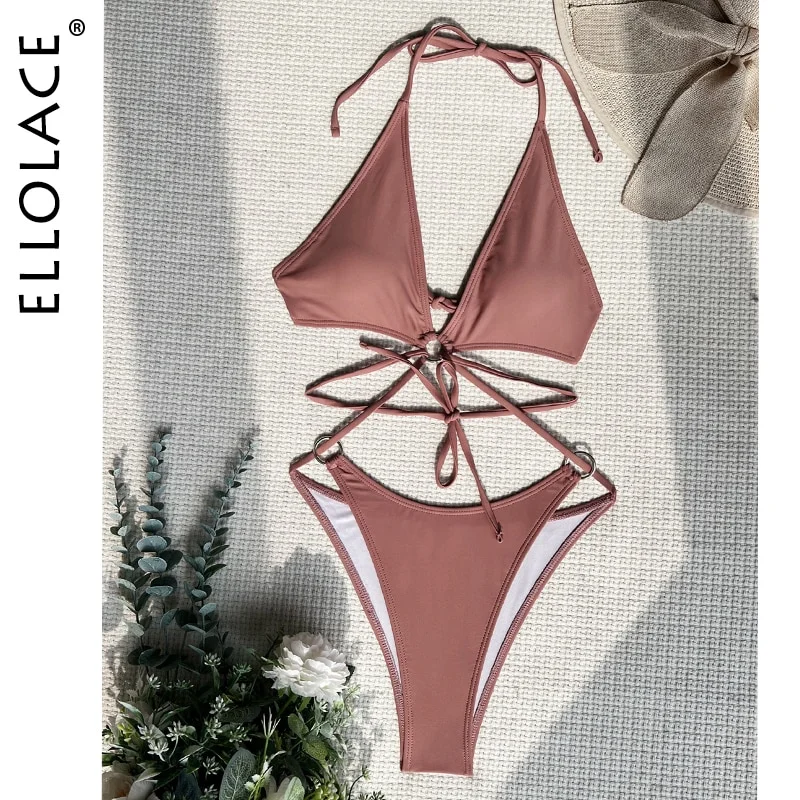 Billionm Ellolace Deep-V Women's Swimsuit Halter One-Piece Swimwear With Girdle Backless Bikini Bathing Suits Ladies Monokini Beach Wear