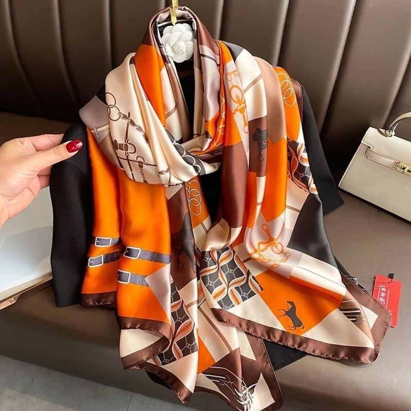 Women’s Fashion Letter Plaid Satin Printing Silk Scarves