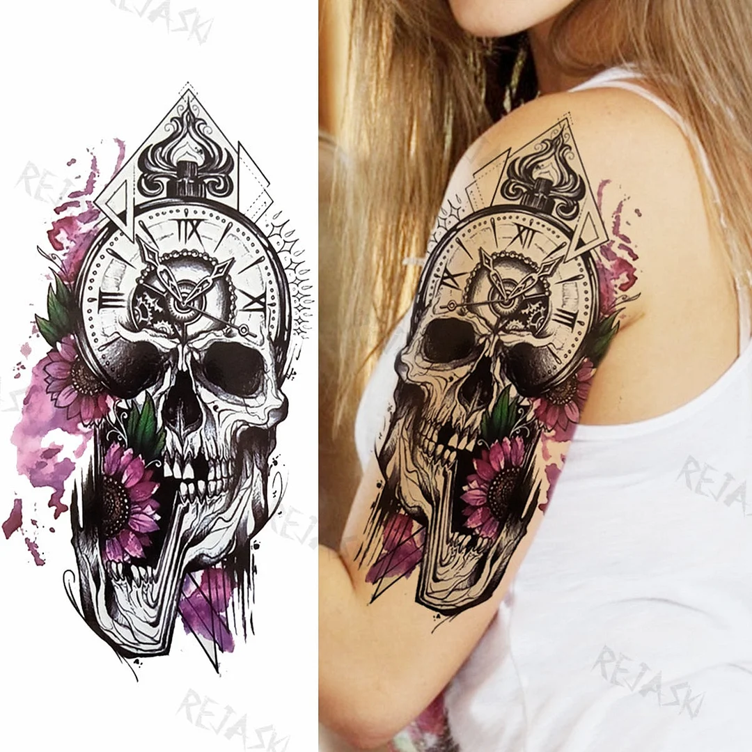 Gangster Wolf Temporary Tattoo For Women Men Death Skull Fake Tattoos Sticker DIY Harajuku Mermaid Waterproof Tatoo Body Art Arm