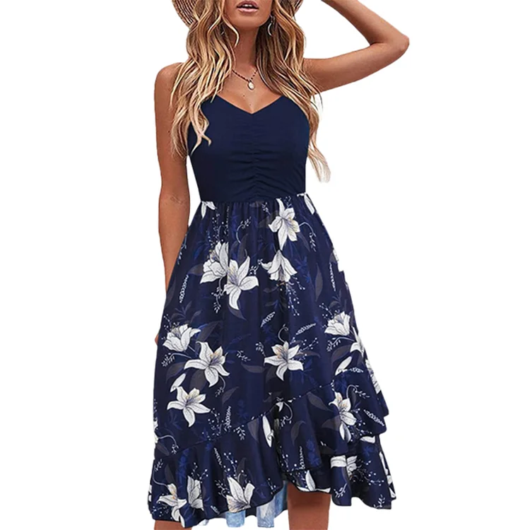 Women's Casual Floral Ruffle A-Line V Neck Beach Asymmetric Midi Dress