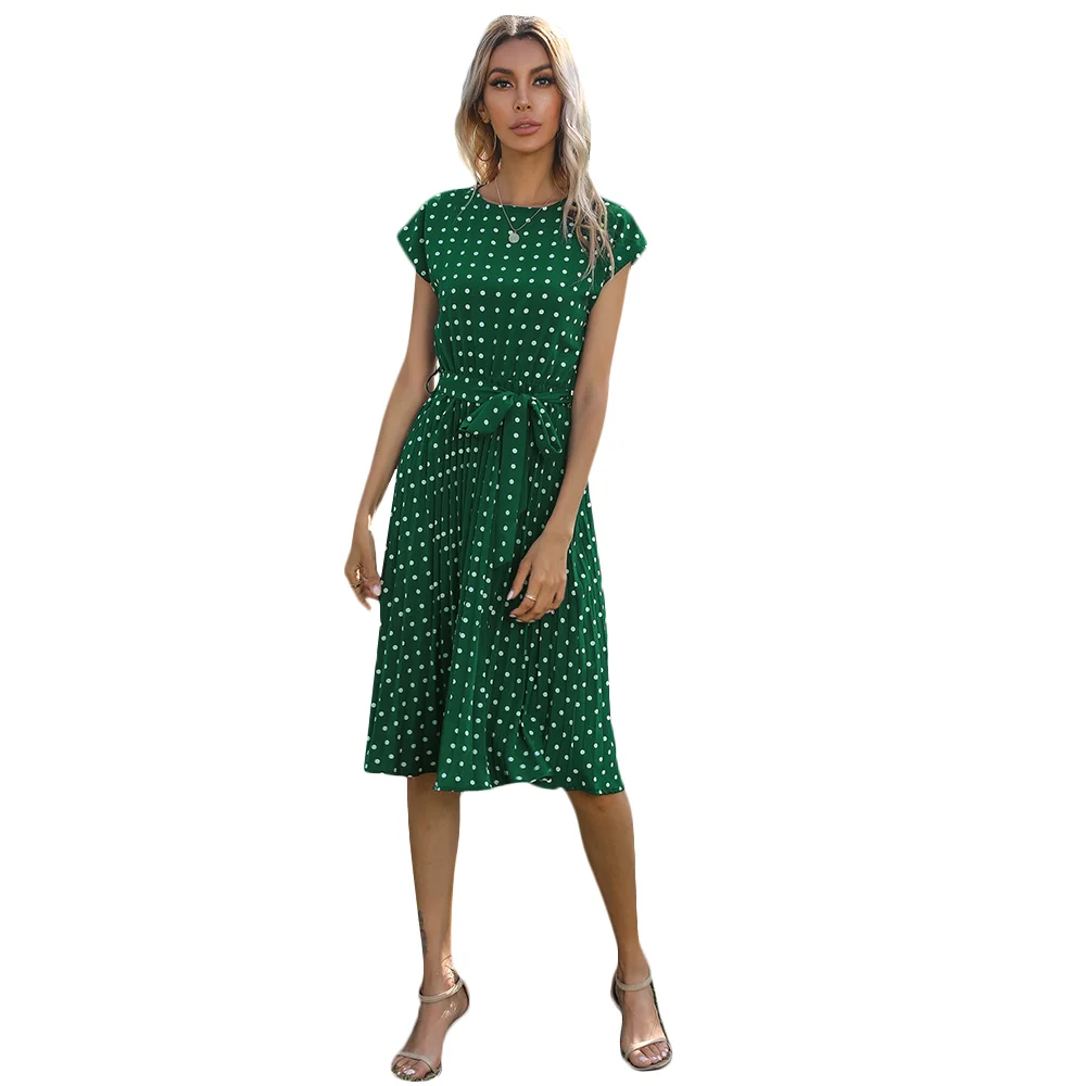 Green Polka Dot Tie Waist Pleated Casual Dress