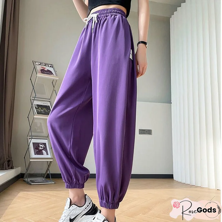 Fashion Streetwear Women Harem Pants Summer Harajuku Ice Silk High Waist Elastic Sweatpants Casual Ankle-Length Pants New